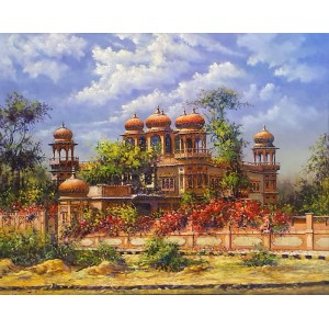 Hanif Shahzad, Mohatta Palace I - Karachi, 27 x 36 Inch, Oil on Canvas, Cityscape Painting, AC-HNS-071